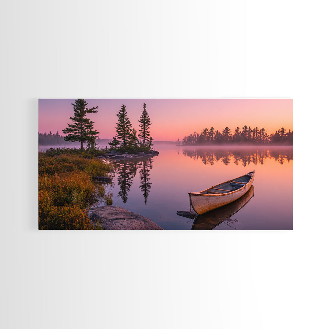 Peaceful Canoe On Misty Calm Lake At Sunrise Nature Wall Art Canvas Print For Tranquil Home Decor