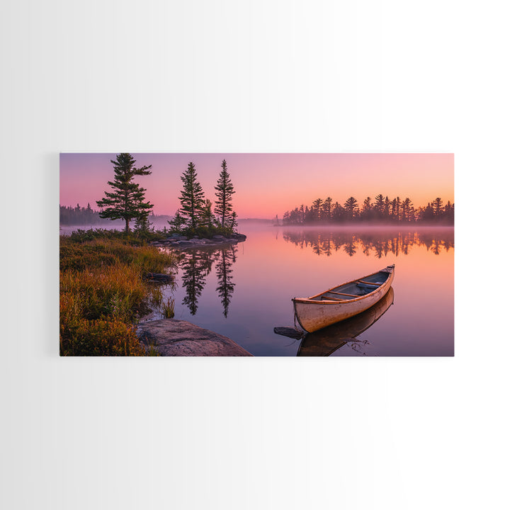 Peaceful Canoe On Misty Calm Lake At Sunrise Nature Wall Art Canvas Print For Tranquil Home Decor
