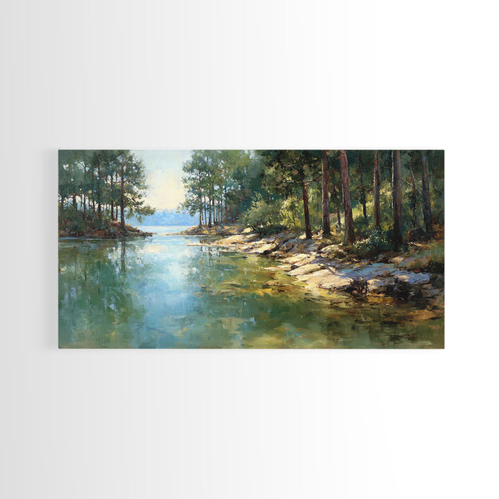 Woodland Landscape Painting With Misty Lake Framed Canvas Print Wall Art Rustic Nature Home Decor Large Art Print