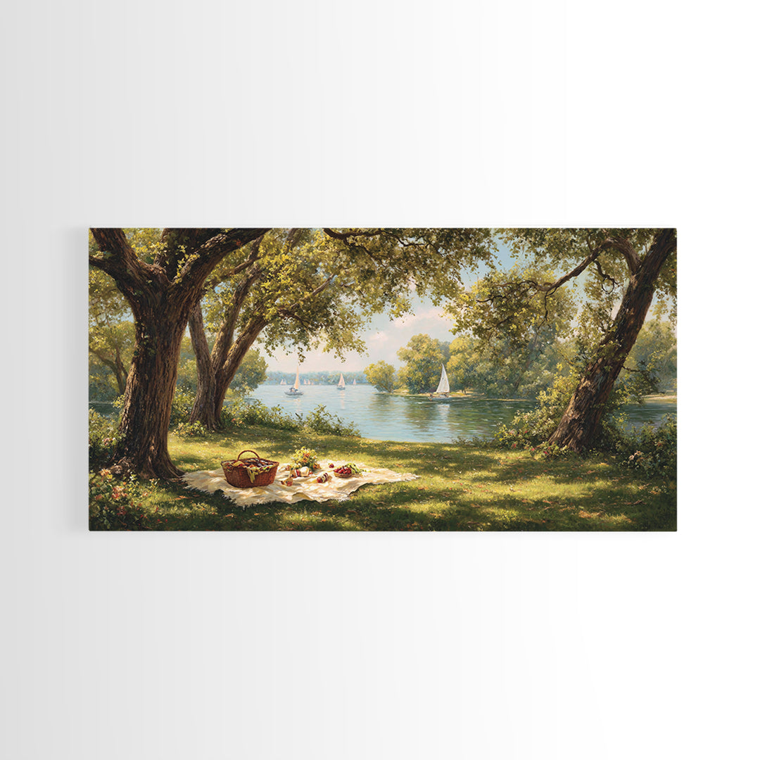 Idyllic Lakeside Picnic Scene With Trees And Sailboats Wall Art Framed Canvas Print For Living Room Decor