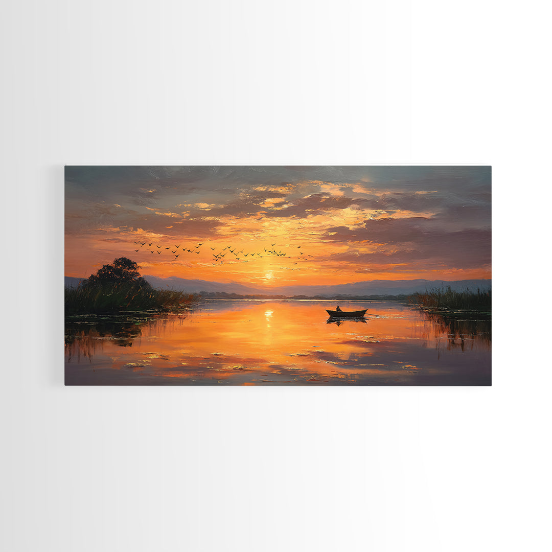 Majestic Sunset Over Calm River With Birds Flying Silhouettes Realistic Painting Wall Art Framed Canvas Print For Serene Decor