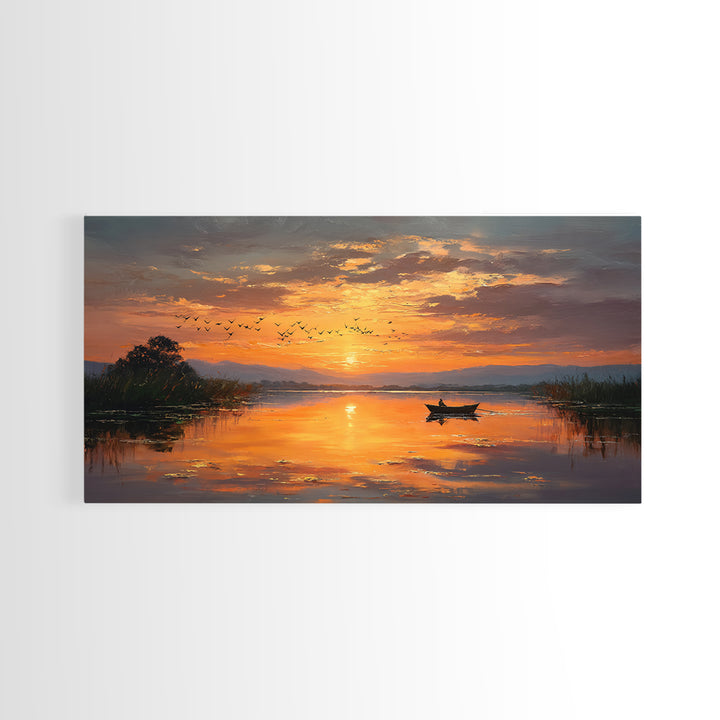 Majestic Sunset Over Calm River With Birds Flying Silhouettes Realistic Painting Wall Art Framed Canvas Print For Serene Decor