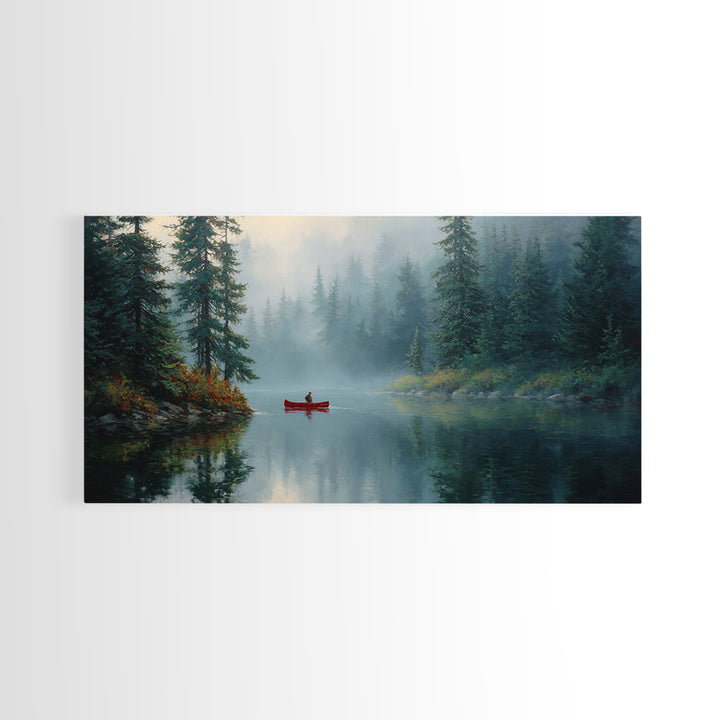 Peaceful Forest Lake With Canoe And Mist Landscape Oil Painting Canvas Print Large Wall Art For Cozy Living Room Decor