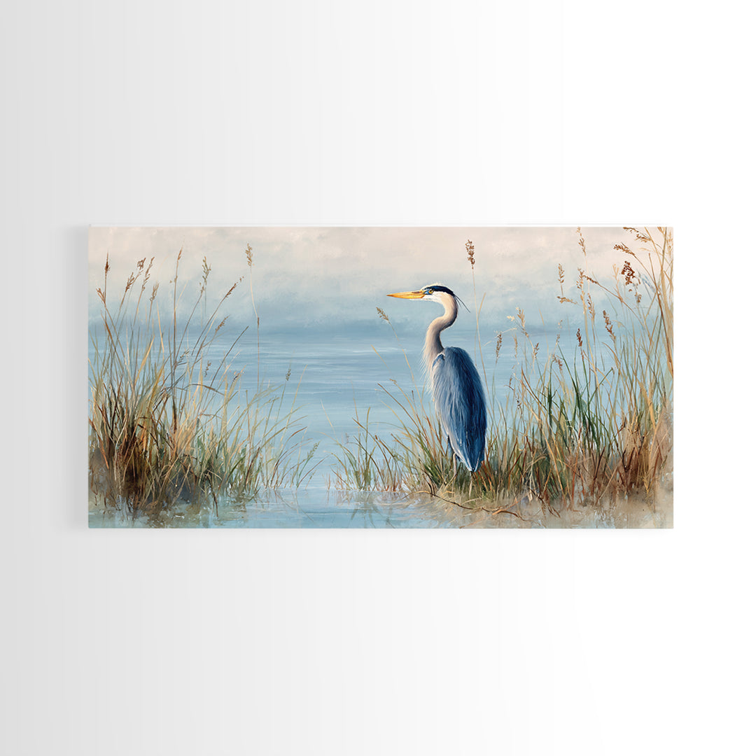 Serene Blue Heron In Marsh Landscape Painting Fine Art Print Framed Canvas Print Coastal Wall Art Quiet Nature Decor