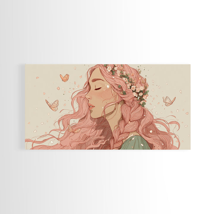 Pink Braided Floral Woman Portrait Wall Art, Feminine Boho Decor, Whimsical Butterfly Canvas Art, Gift For Her, Living Room Decor