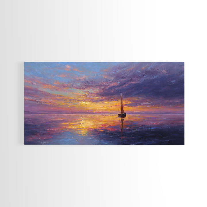 Sailboat Sunset Canvas Print Colorful Seascape Wall Art Modern Coastal Home Decor Nautical Poster