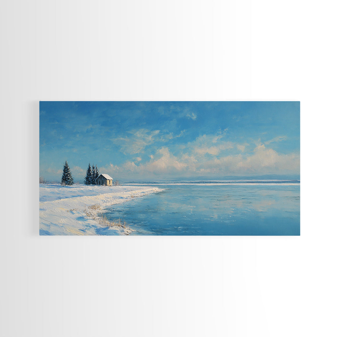 Serene Winter Lake Landscape Painting With Snowy Cabin And Pine Trees Art Print Wall Art Canvas Print For Home Decor