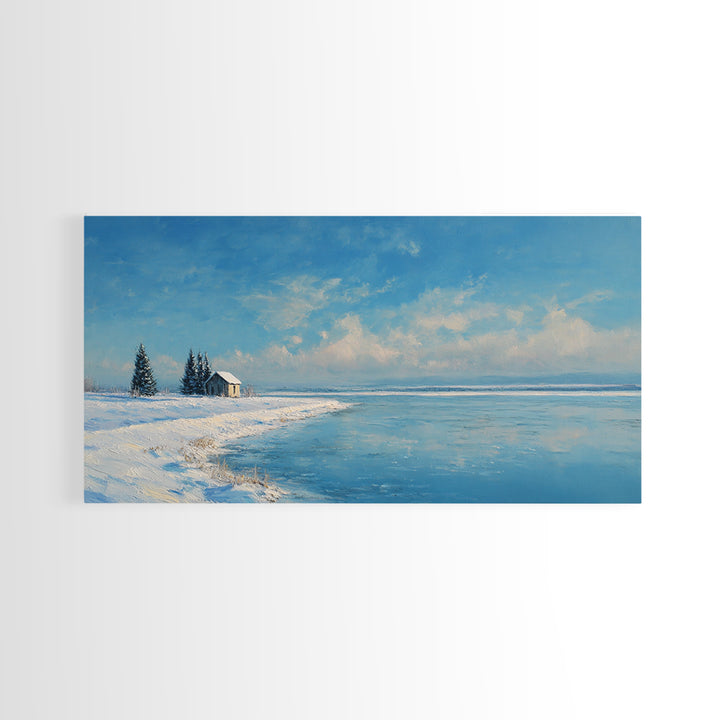 Serene Winter Lake Landscape Painting With Snowy Cabin And Pine Trees Art Print Wall Art Canvas Print For Home Decor