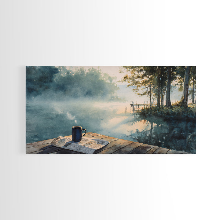 Morning Misty Lake With Coffee Cup Rustic Watercolor Painting Wall Art Framed Canvas Print