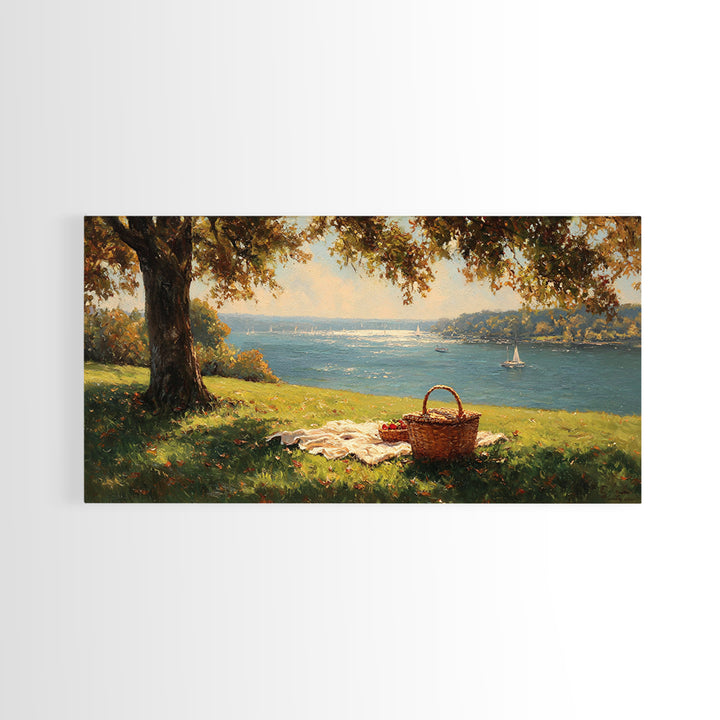 Sunlit Picnic Scene Overlooking Blue Lake With Sailboats Wall Art Framed Canvas Print Coastal Decor