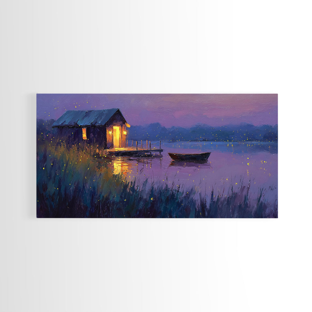 Romantic Evening Lakeside Cabin Oil Painting Wall Art With Fireflies Charming Landscape Decor