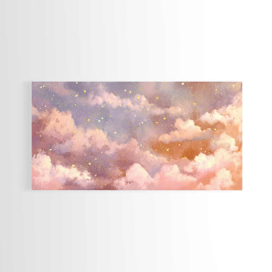 Pastel Celestial Clouds And Gold Stars Canvas Print, Dreamy Nursery Wall Art, Whimsical Decor, Bedroom Wall Decor, Gift For Her
