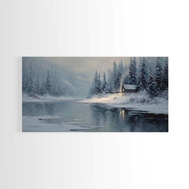 Cozy Cabin In Snow Winter Landscape Painting Oil On Canvas Framed Canvas Print For Home Decor