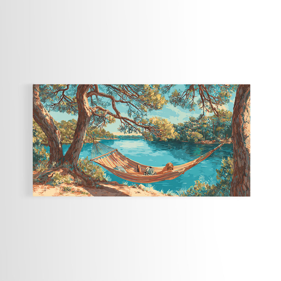Relaxing Lake Scene With Hammock And Man Reading Wall Art Painting Canvas Print For Tranquil Bedroom Or Living Room Decor