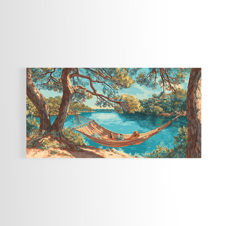 Relaxing Lake Scene With Hammock And Man Reading Wall Art Painting Canvas Print For Tranquil Bedroom Or Living Room Decor