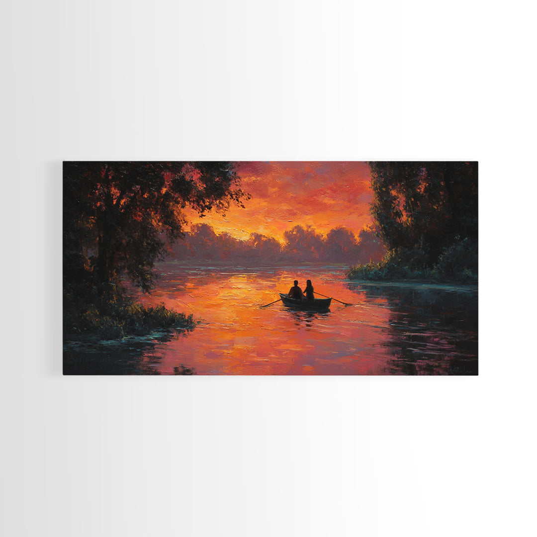 Romantic Couple In Rowboat At Fiery Sunset Lake Scene Oil Painting Wall Art Ideal For Cozy Bedroom Decor Or Rustic Living Room Framed Canvas Print