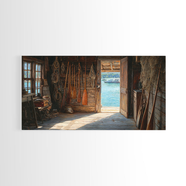 Rustic Fishing Shack Interior With Oars And Nets Oil Painting Wall Art For Coastal And Nautical Home Decor