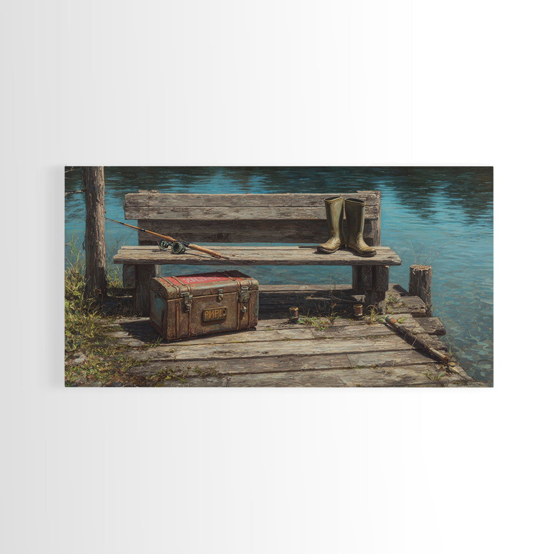 Rustic Fishing Dock With Boots And Rods Oil Painting Rustic Wall Art Framed Canvas Print For Cabin Decor And Nature Lovers