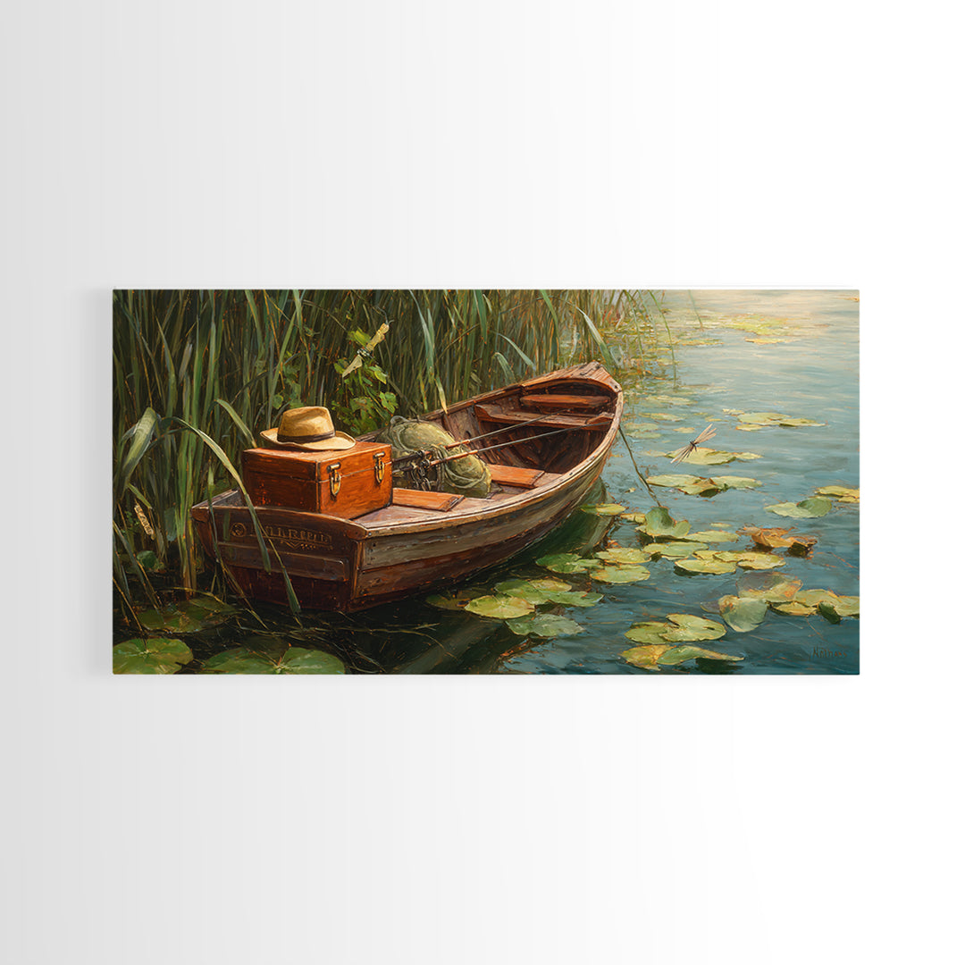 Rustic Lake Sunset Landscape With Adirondack Chairs Oil Painting Framed Canvas Print Wall Art