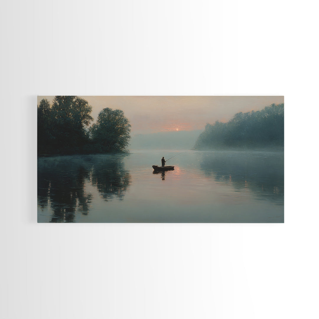 Serene Fisherman In Early Morning Mist Over Glassy River Original Oil Painting Wall Art For Living Room Decor