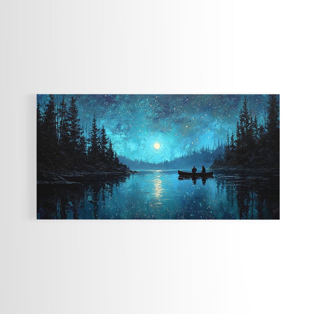 Starry Night Landscape With Canoeists On A Moonlit Lake Original Oil Painting Wall Art