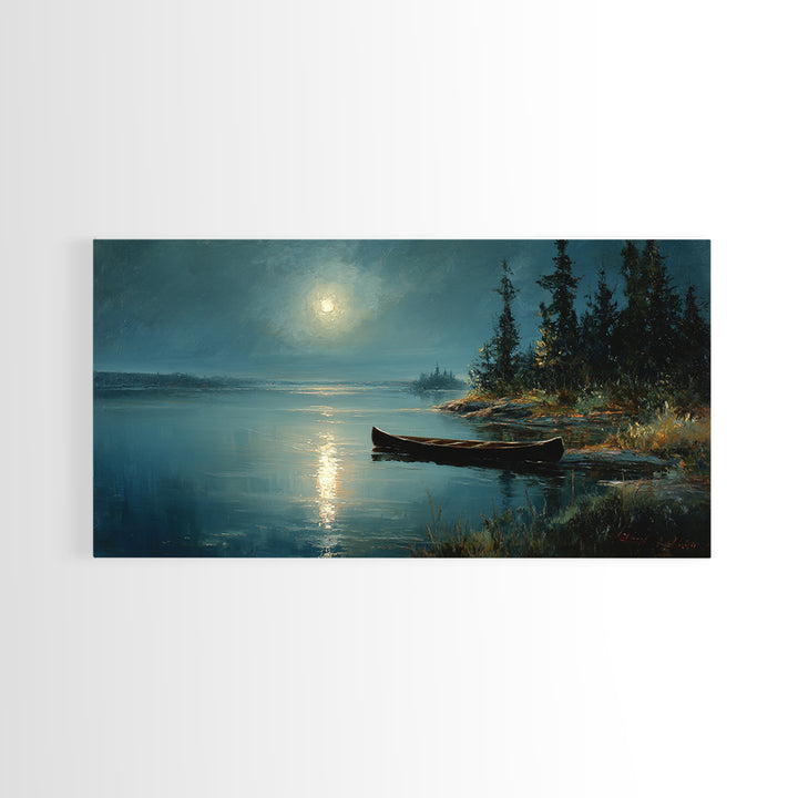 Calm Moonlit Lake Scene With Canoe And Forest Landscape Original Painting Wall Art Canvas Print Home Decor