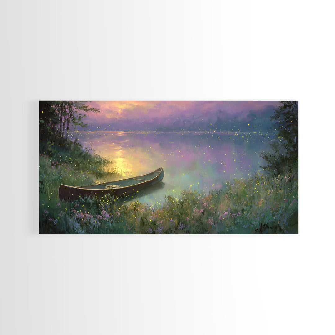 Serene Canoe On Misty Lake With Fireflies At Twilight Framed Canvas Print Tranquil Landscape Wall Art