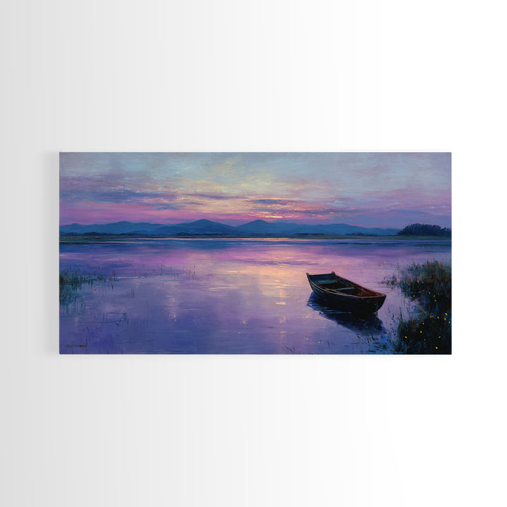 Peaceful Sunrise With Boat On Calm Lake Landscape Painting Large Wall Art For Living Room