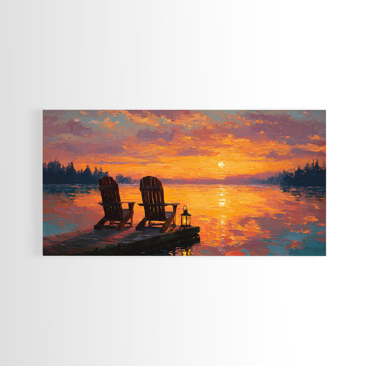 Warm Glowing Sunset With Adirondack Chairs On Lake Dock Tranquil Landscape Oil Painting Wall Art Framed Canvas Print For Cozy Home Decor
