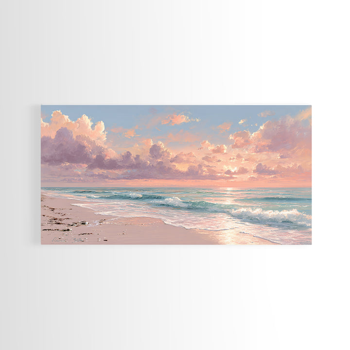 Pink Cloud Beach Sunrise Framed Canvas Print, Coastal Wall Art, Ocean Waves Seascape, Beach House Decor, Living Room Decor