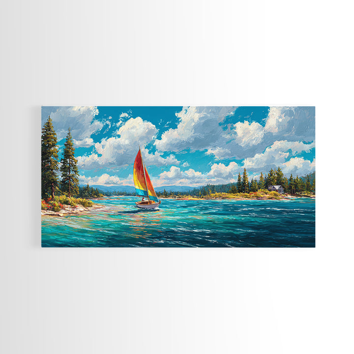 Vibrant Abstract Coastal Scene Sailing Boat Oil Painting Canvas Print Wall Art Beach Home Decor Large Wall Art Bright Wall Decoration
