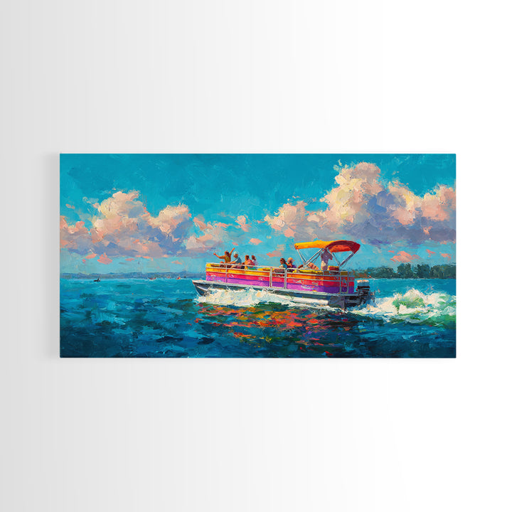 Vibrant Party Boat At Sea With Cheerful Passengers At Sunset Wall Art Framed Canvas Print Bright Colorful Coastal Decor
