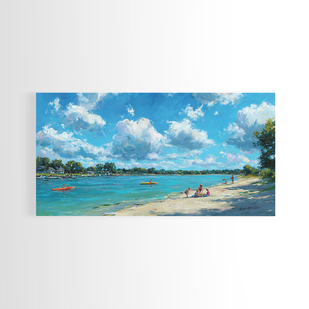 Beautiful Vibrant Oil Painting Of Lake Scene With Kayakers And Blue Sky Canvas Print Large Wall Art Home Decor Living Room Wall Art
