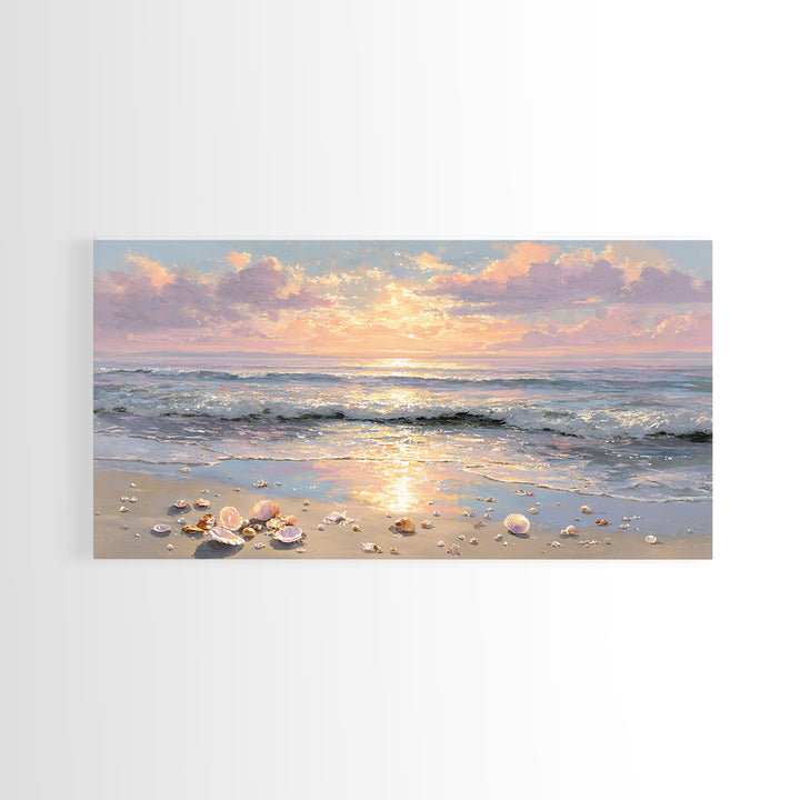 Glowing Seashell Ocean Sunrise Canvas Print, Coastal Wall Art, Beach House Decor, Nautical Seascape, Gift For Her, Living Room Art