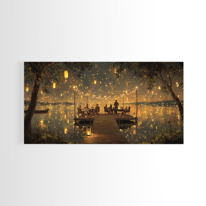 Romantic Evening Dinner On Lake Pier With Lanterns Glowing Warm Light Canvas Print Home Decor Wall Art