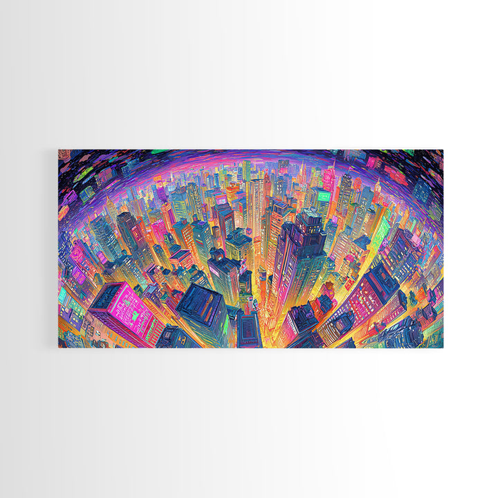 Vibrant Cityscape At Night With Neon Lights Wall Art Framed Canvas Print Modern Urban Wall Decor