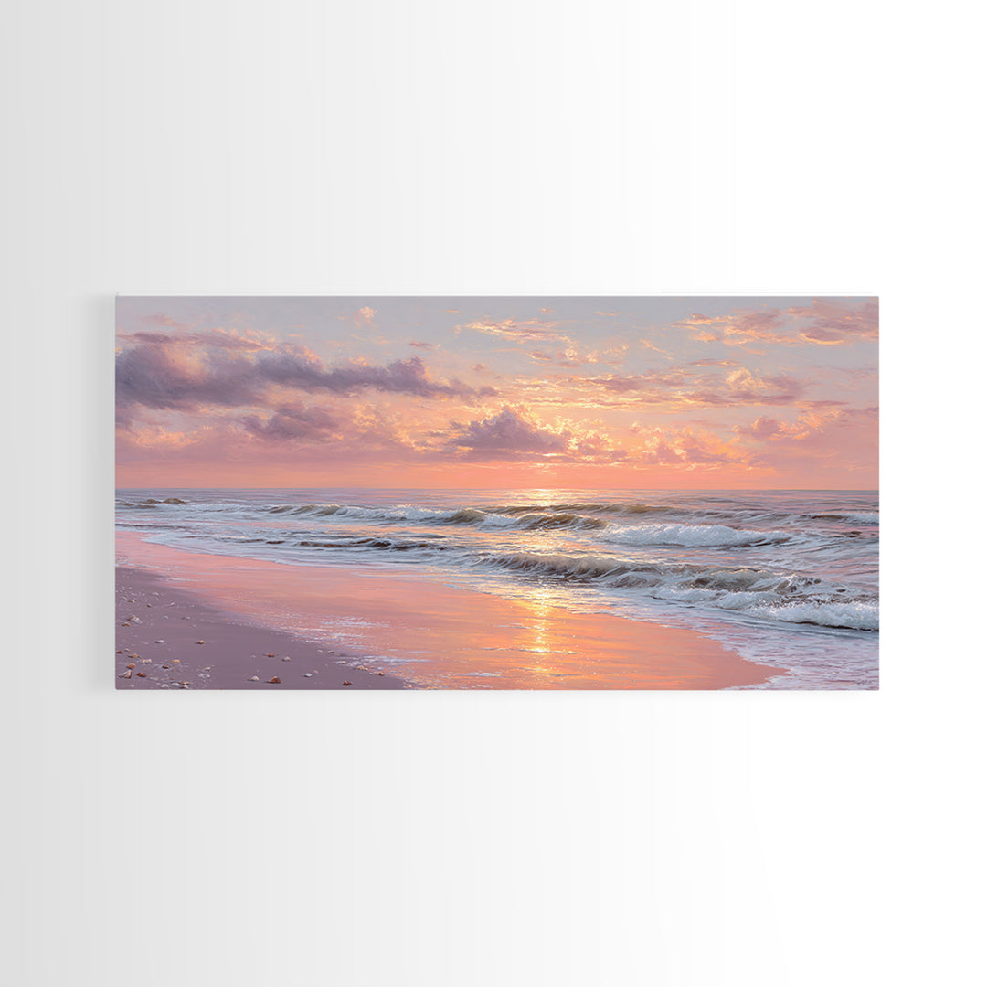 Pink Sunset Ocean Waves Wall Art, Romantic Coastal Decor, Beach House Seascape Canvas, Large Living Room Wall Art, Gift For Her