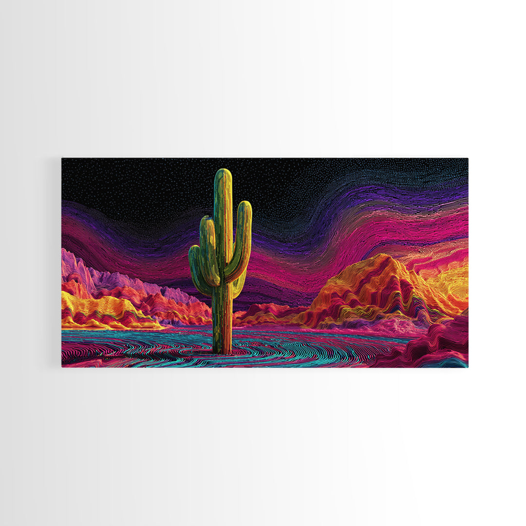 Surreal Abstract Cactus Landscape With Neon Colorful Sky And Textured Brushstrokes Canvas Print Modern Wall Art For Living Room