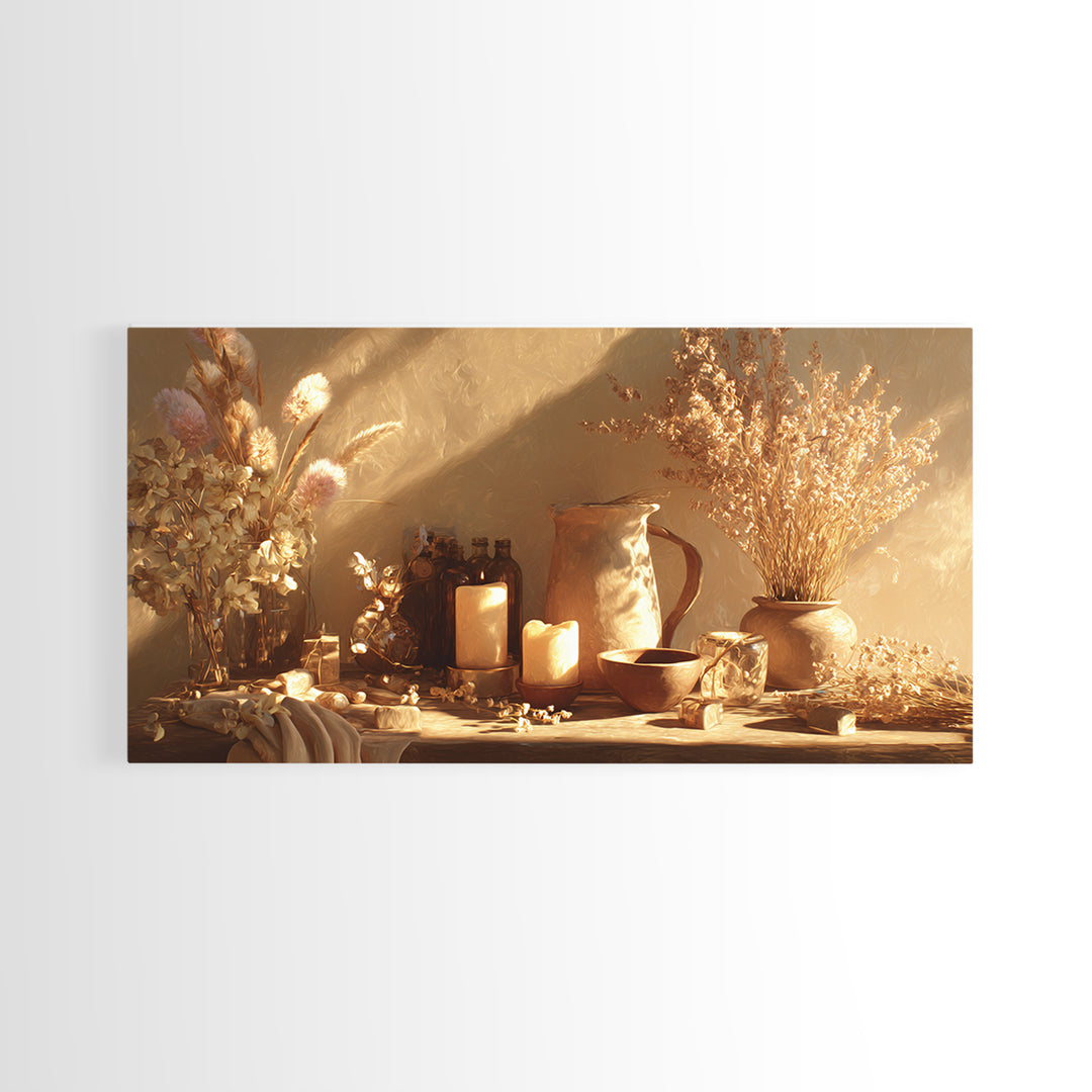 Golden Candle Dried Flower Still Life Wall Art, Neutral Wabi Sabi Decor, Rustic Home Decor, Cozy Framed Canvas Print, Gift