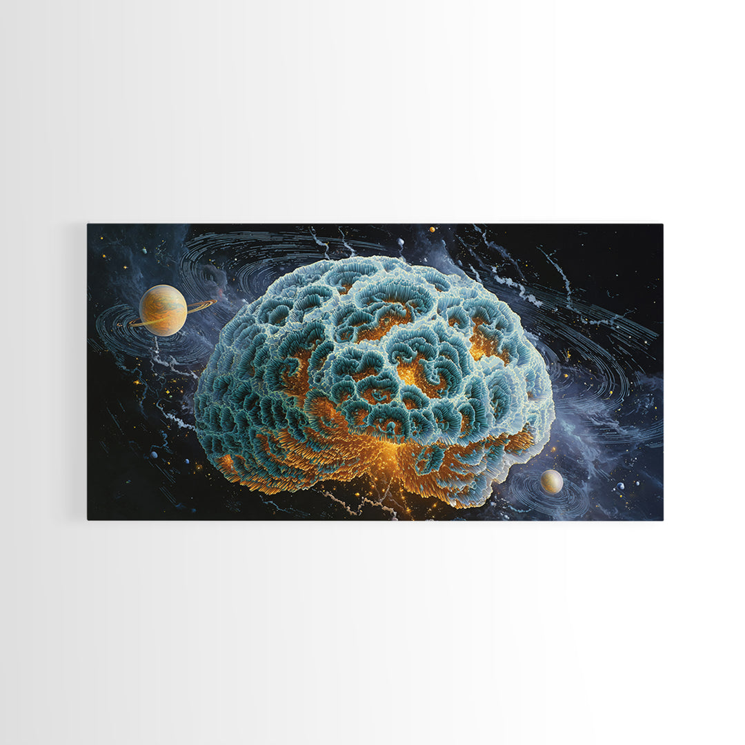 Surreal Cosmic Brain With Orbiting Planets And Vibrant Details Abstract Digital Wall Art Framed Canvas Print For Modern Home Decor