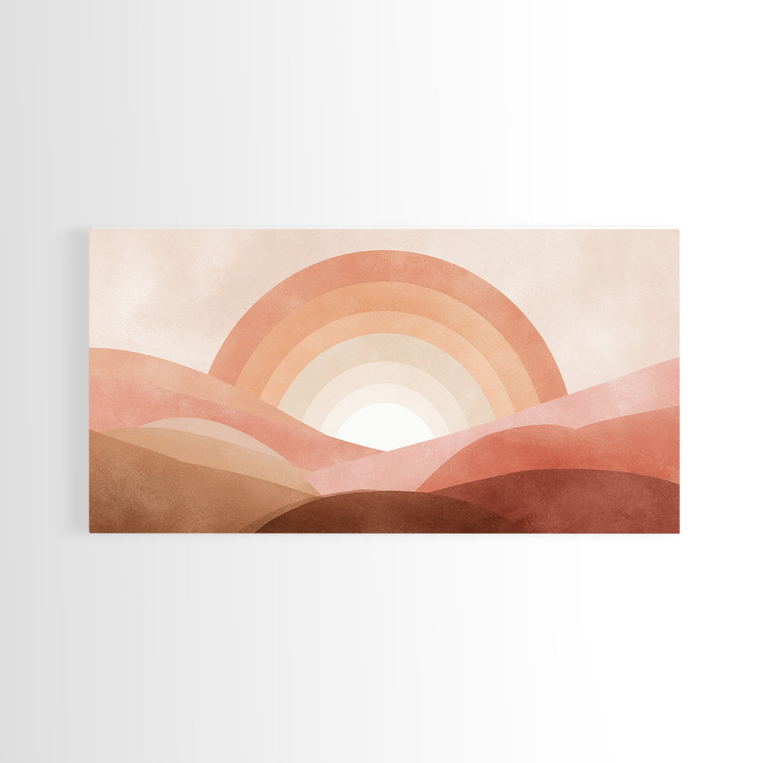 Terracotta Sunrise Over Abstract Desert Hills Wall Art, Boho Rainbow Landscape Print, Earth Tone Decor, Warm Minimalist Canvas