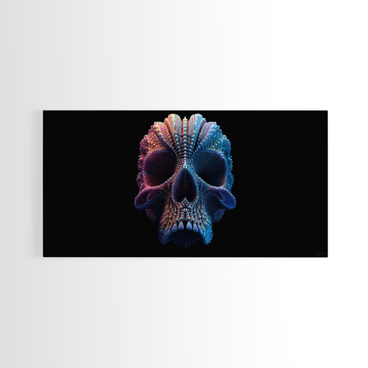 3D Digital Art Skull Sculpture In Moody Blue And Purple Tones Dark Abstract Wall Art Canvas Print For Gothic Home Decor