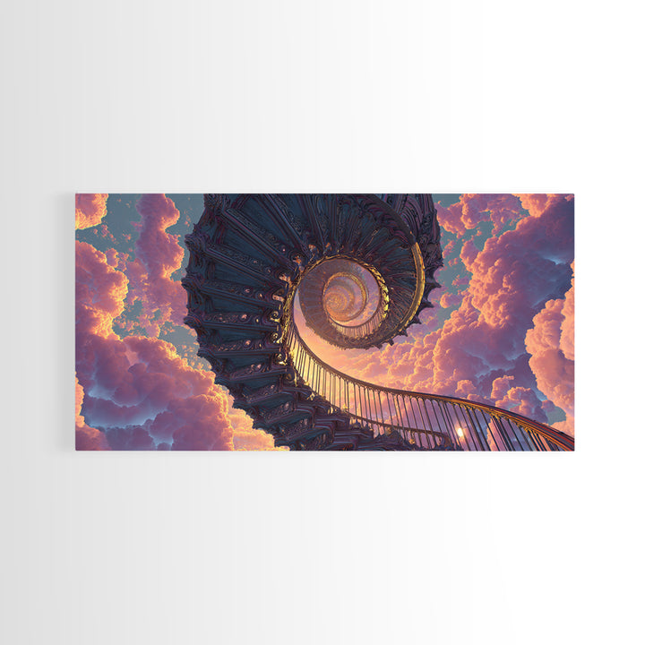 Surreal Spiral Staircase To Sunset Sky With Warm Clouds Canvas Print Dreamy Wall Art For Home Decor