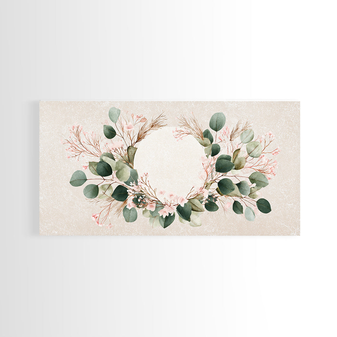 Eucalyptus Floral Wreath Wall Art, Botanical Greenery Print, Neutral Boho Home Decor, Living Room Above Bed Horizontal Canvas