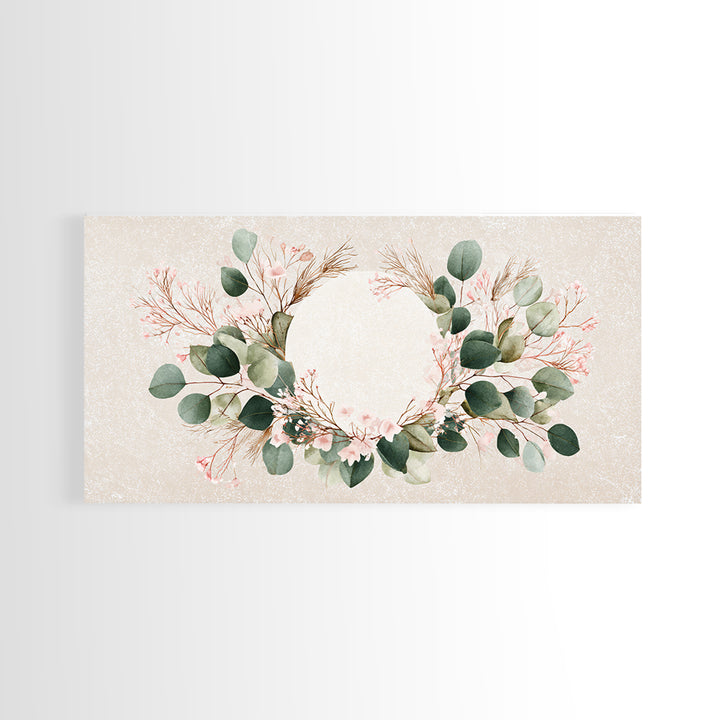 Eucalyptus Floral Wreath Wall Art, Botanical Greenery Print, Neutral Boho Home Decor, Living Room Above Bed Horizontal Canvas