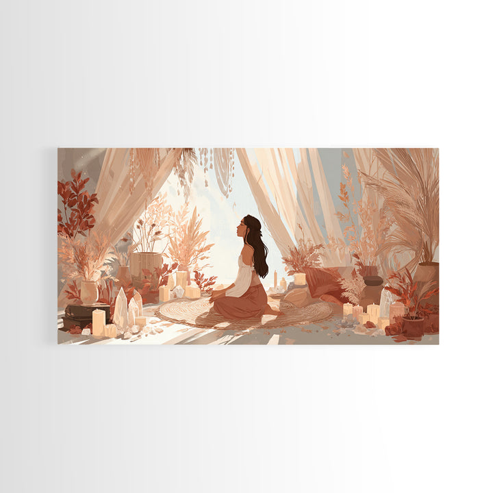 Sunlit Boho Meditation Room With Woman And Crystals Canvas Print, Spiritual Yoga Decor, Serene Feminine Wall Art Gift For Her