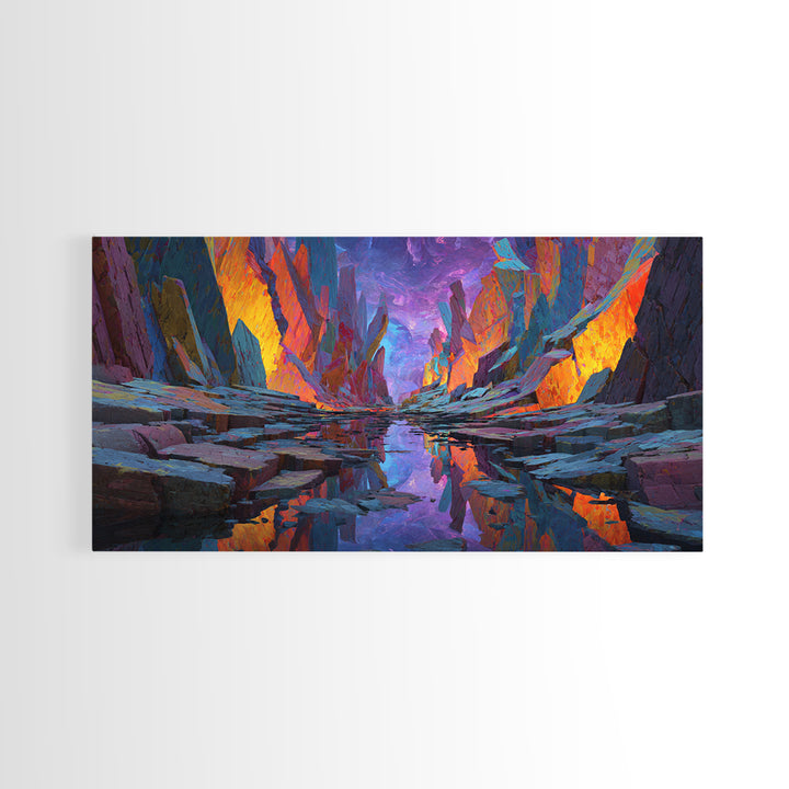 Vibrant Surreal Landscape With Fiery Rock Formations Reflected In Water Large Wall Art Framed Canvas Print