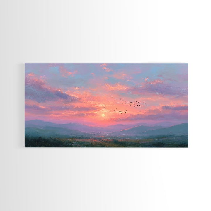 Pink Sunset Mountain Valley Landscape Canvas Print, Misty Nature Wall Art, Large Living Room Decor, Peaceful Housewarming Gift