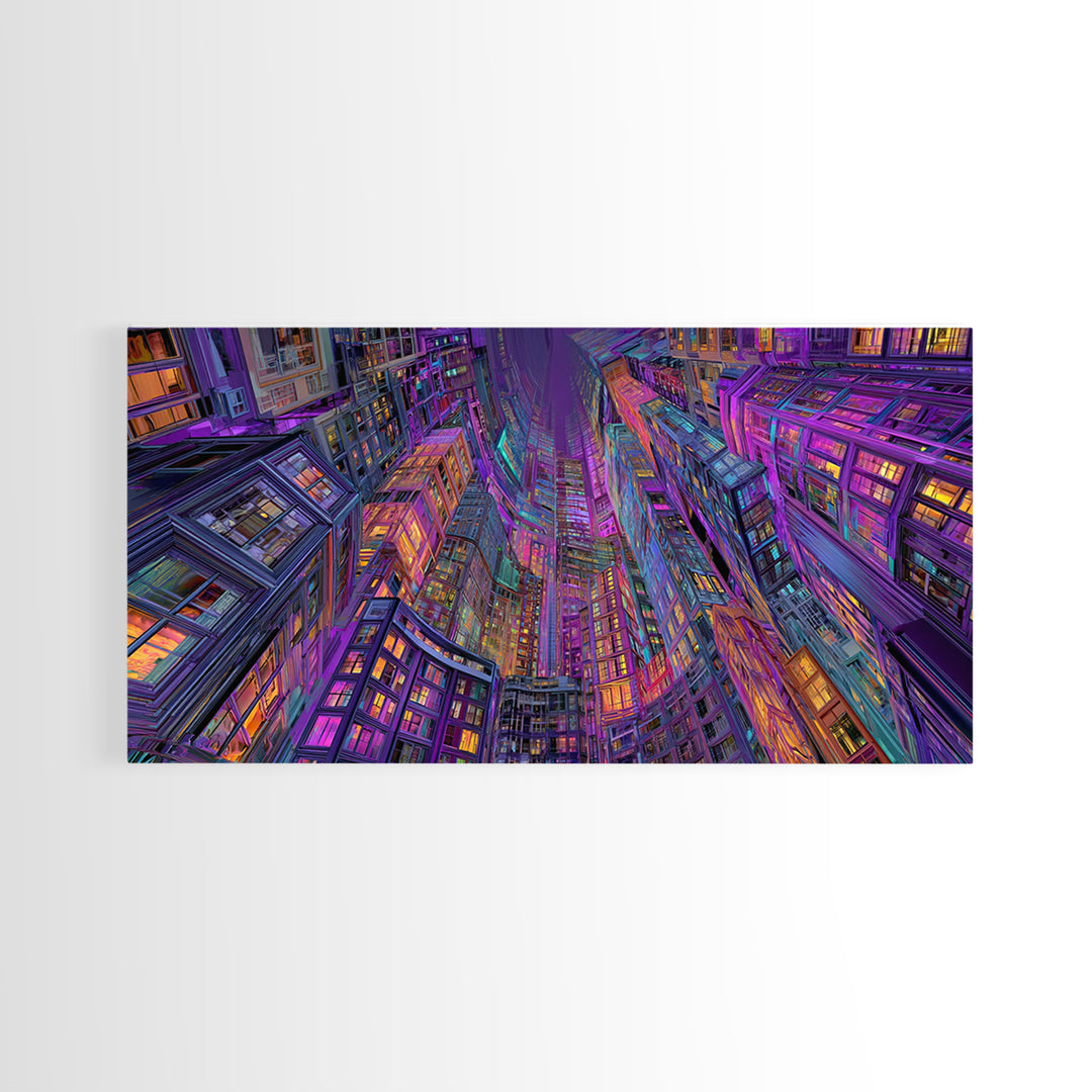Vibrant Neon Cityscape With Tall Skyscrapers Artistic Wall Art Print, Colorful Urban Home Decor, Modern Framed Canvas Print