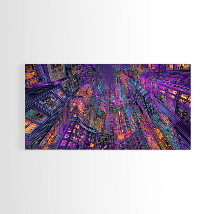 Vibrant Neon Cityscape With Tall Skyscrapers Artistic Wall Art Print, Colorful Urban Home Decor, Modern Framed Canvas Print